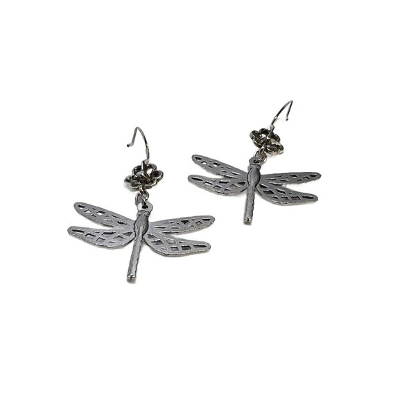 Dragonfly Dangle Earrings Flower Ear Wires Antique Silver Tone - Picture 5 of 8